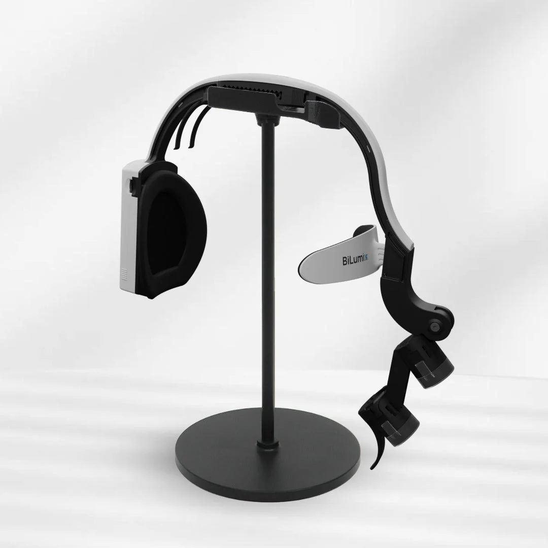 BiLumix Headlamp Stand with round base and supportive cradle in matte black